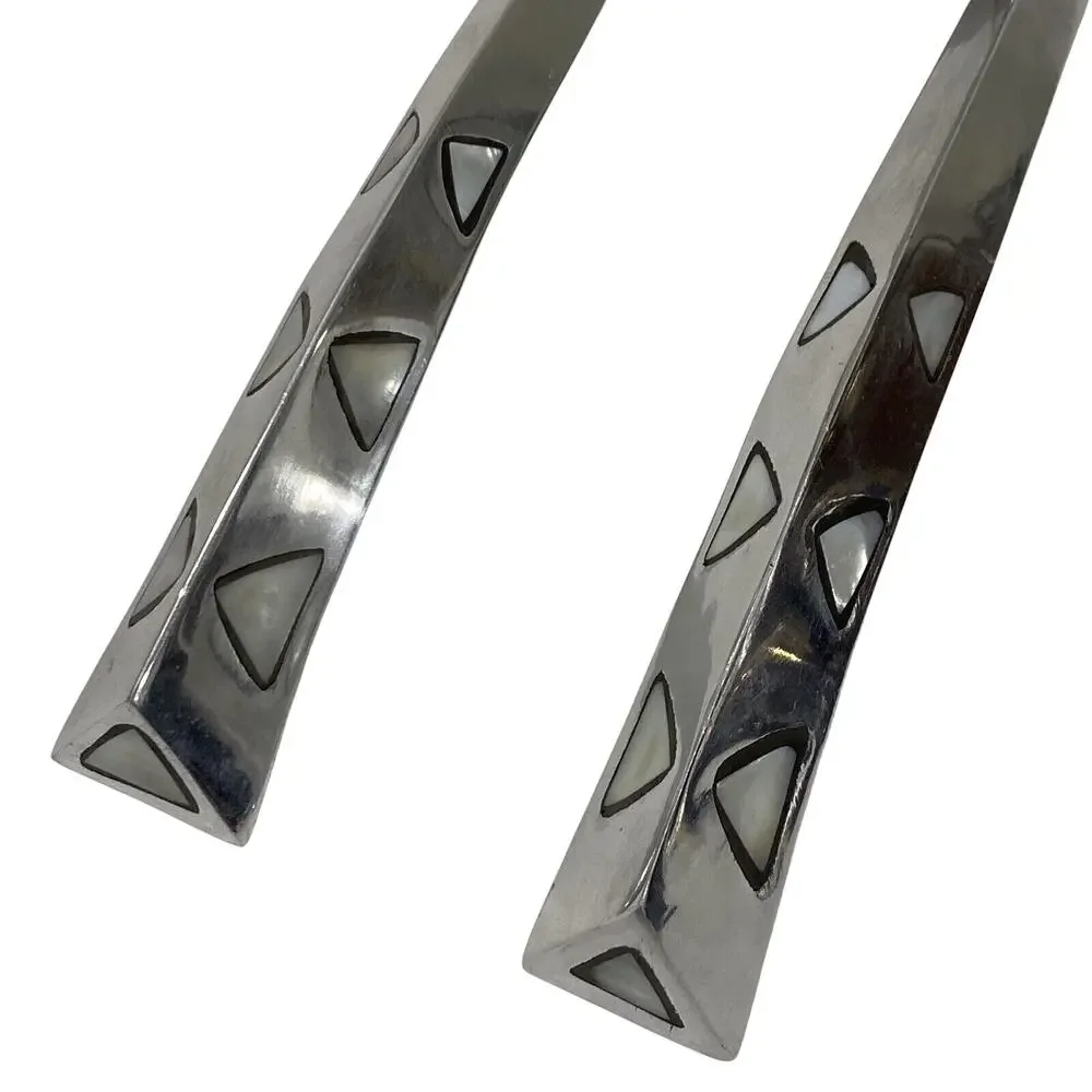 Artisan Silver Serving Fork & Spoon Set White Stone Shell Inlay Made in India